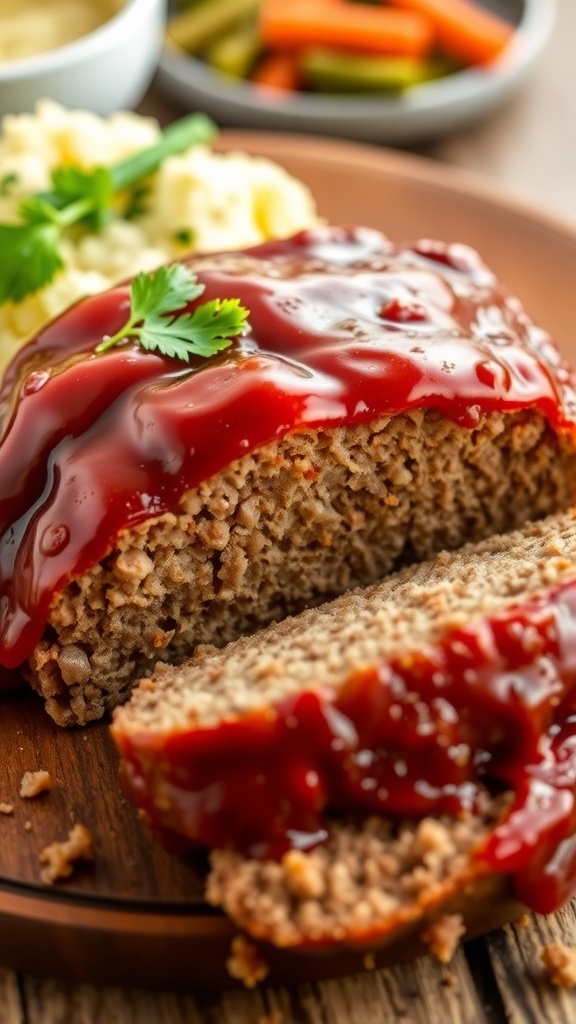 Sliced air fryer meatloaf with ketchup glaze, served with mashed potatoes and vegetables on a rustic table.